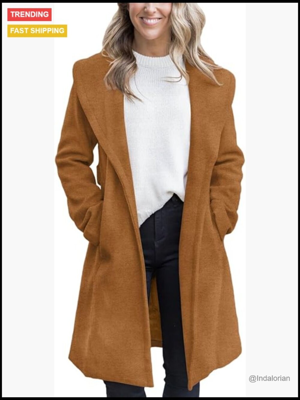 Women's Pea Coat Big Lapel Open Front Long Jacket Belted with Pockets